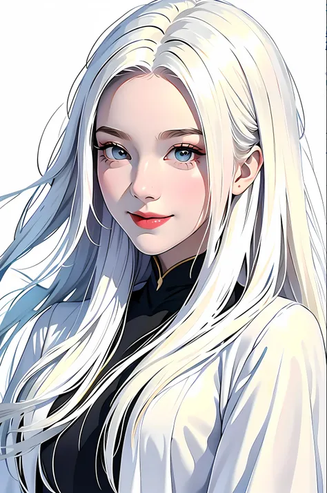masterpiece, best quality, ((pure white background)), standing, long white hair, cold face, fair skin, black dress, happy smile, light effect, soft, super clear, high-definition image, (front)