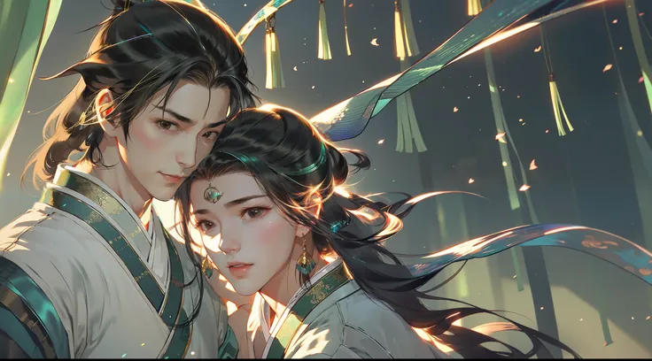 A handsome Chinese boy and girl, whole body, looking at each other, gentle eyes, clear facial features, wearing Hanfu, body surrounded by dark green mist, runes around, holographic reality, holographic halo, motion blur, game light effects, edge light, sof...