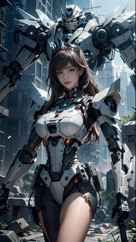 ((best quality)), ((masterpiece)), (very detailed: 1.3), 3d, shitu-mecha, beautiful cyberpunk woman wearing crown with her mecha...