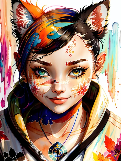 wtrcolor style, digital art of (Humanoid Cat character), official art, front, smile, masterpiece, cute, ((watercolor)), face painting, ink splash, intricate details. Very detailed eyes, [drip:0.5], trend in Artstation, Rachel Walker