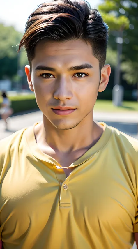 (man) the most beautiful handsome muscular high school boy in the world, wear yellow men's shirt, mischievous smile, in the park...