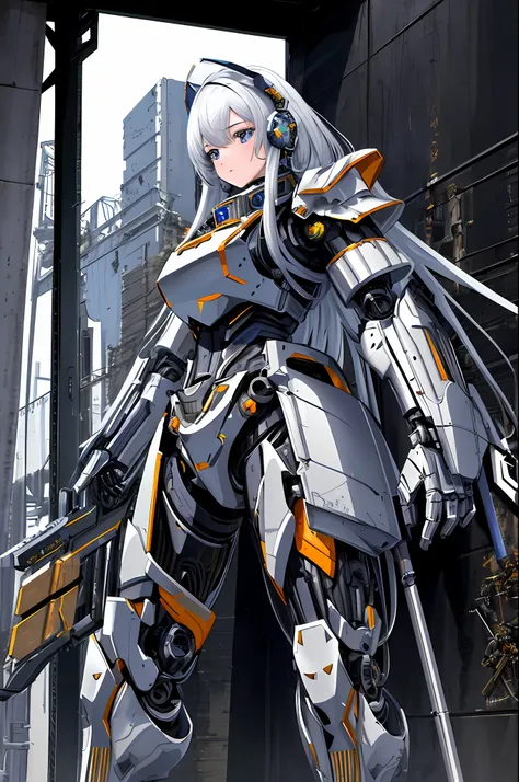 Top quality, masterpieces, masterpieces, highly detailed 8k wallpapers, female robots, headgear covered up to the ears, mechanical joint limbs, whole body covered with heavy mechanical armor, connected cables, tubes connecting the bodies, long white hair, ...