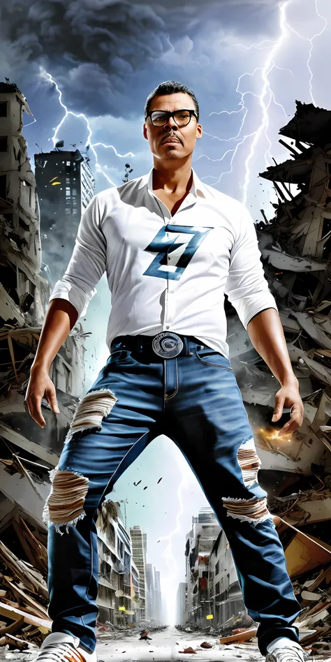 guttonerdvision4, a man with 40 meters tall glasses, super detailed expression of rsiva, detailed skin and face, ((ripped jeans)), ((torn white shirt)), giant, nervous, destroying the buildings of a city. Pewuena people around, Pieces of rubble everywhere,...