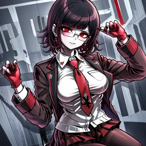 1girl, (masterpiece), best quality, expressive eyes, perfect face, red eyes, black hair, short hair, white collared shirt, black blazer, red skirt, black knee high stockings, black loafers, black fingerless gloves, red nail polish on nails, sharp eyes, bea...