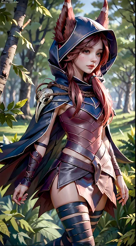 grass, sky, field, league of legends, 1girl, animal ears, bandage legs, long legs, bandage, bandage, birds legs, bird skull, cape, shut up, ears through headdress, eyes visible through hair, facial markings, feathers, hood, hooded cape, long hair, yellow e...
