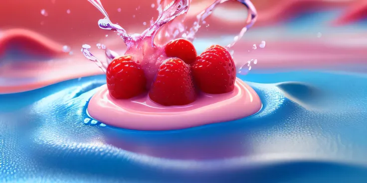 (Liquid Splash, Fluid Art:1.4) Raspberry Ripple: A vibrant raspberry plunges into a creamy sea, the rich, velvety cream rippling around the fruit in soft waves. This sensory delight is crafted using Cinema 4Ds fluid simulation, capturing the harmonious int...