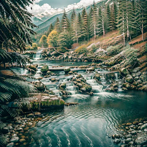 RAW photo of a landscape, small details, photorealistic, ultra-realistic photo, 8k uhd, dslr, soft lighting, high quality, grain film, Fujifilm XT3, (masterpiece), lake, trees, waterfall, Nikon, 12 MP,