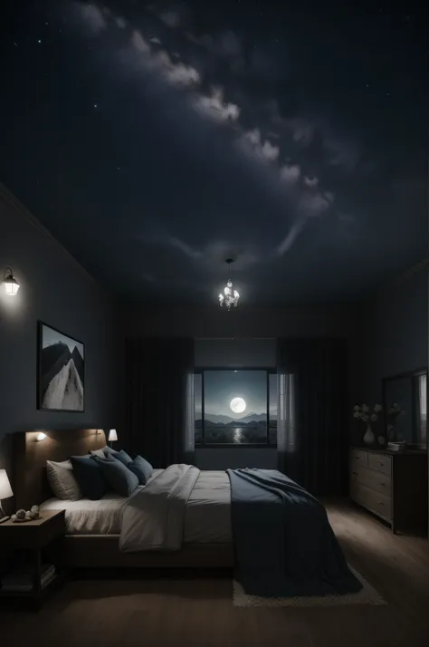 night, dark, moonlight, big bed, lots of blankets, landraw, nigth, soft light, (masterpiece),(high quality), best quality, real,...