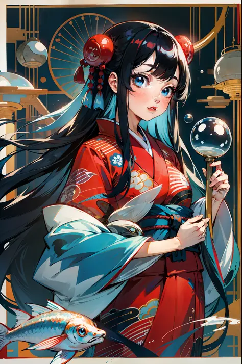 1girl, long hair, black hair, fish, blue eyes, kimono, japanese clothes, solo, red kimono, very long hair, looking at viewer, wi...