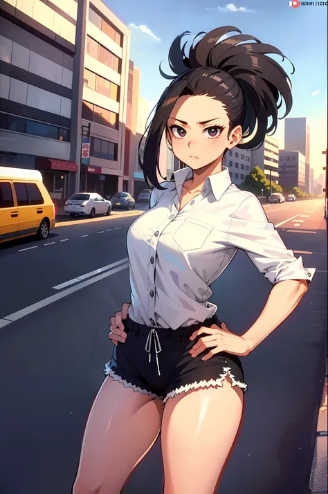 (masterpiece, best quality: 1.2), cowboy shot, solo, 1girl, yaoyorozu momo, anime screencap, city, long hair, black hair, gray e...