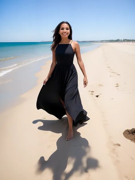 brazilian woman landing in black dress on a northeastern beach on a sunny day and blue sky