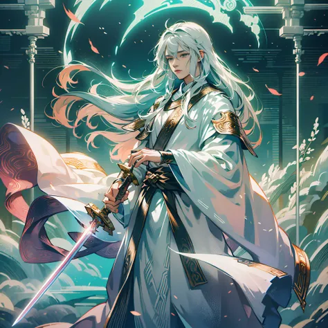 (fresh + aesthetic + ancient + mythical), high-definition, super delicate description), (1 person), white clothes, long hair cape, sword in hand, solemn eyes, waiting for the wind to slow down, flowing color, sword light suddenly appeared, the air also pro...