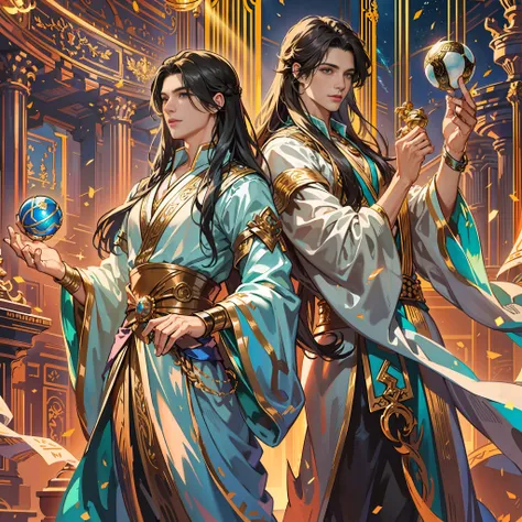 "(Exquisite light and shadow) + (faint shimmer: 1.1) + (two people) + (long-haired prince: 1.4) + (male: 0.8) + (handsome: 1.2) + (holding a magic ball: 1.3) + (large crowd below) hovering high in the sky, ancient" can be optimized as
"The light and shado...
