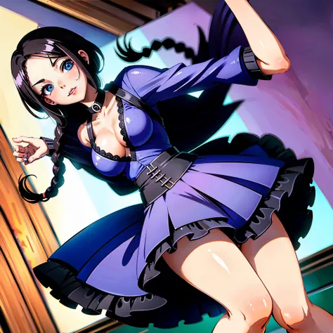 Young girl, 16 years old, small and beautiful breasts, short black hair, braid on the right side of the head, big and striking eyes, sky blue eyes, Gothic style dress up to the knees, Gothic dress up to the knees with lilac sash at the waist, Gothic Lolita...