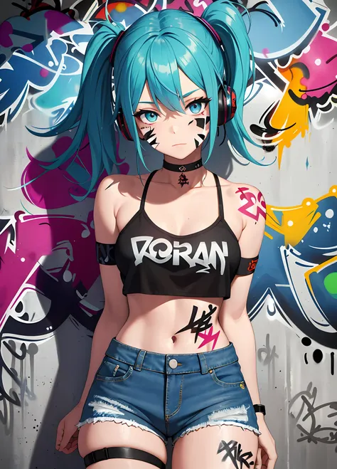 masterpiece, best quality, 1girl, solo, crop top, denim shorts, choker, (graffiti:1.5), paint splatter, arms behind back, against wall, looking at viewer, armband, thigh strap, paint on body, head tilt, bored, multicolored hair, aqua eyes, headset,