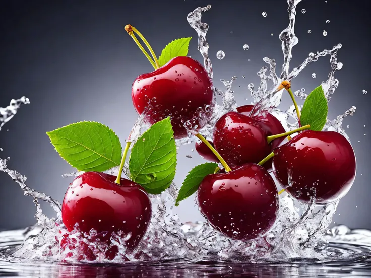 three cherries splashing into a bowl of water, cherry explosion, cherries, cherry, there is one cherry, 4 k hd wallpapear, gems and diamond for fruit, cherry trees, carnal ) wet, cherry blosom trees, water particules, splashes of liquid, red background pho...