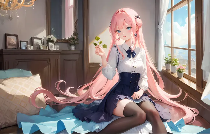 ((best quality)), (masterpiece: 1.2), (delicate beautiful girl), illustration, 1 girl, pink hair, very long hair, blue eyes, loo...