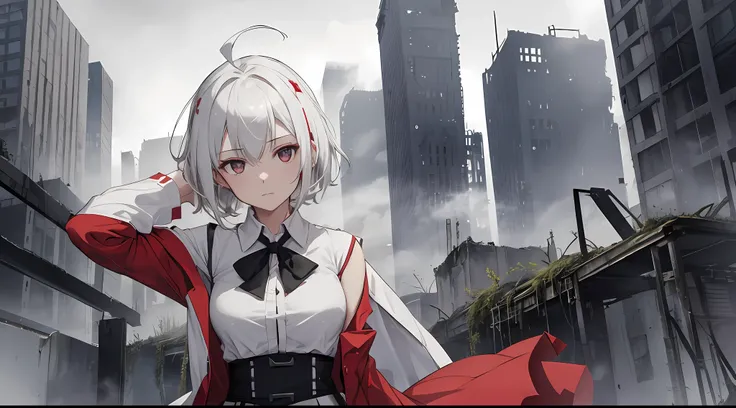 1girl, solo, ots-14 (girls frontline), redgown, red dress, cleavage, arms behind head, white background, simple background,((masterpiece, best quality)), (1girl), (solo), (female focus), (ahoge, white hair, short hair), black eyes, ((white shirt), (buttone...