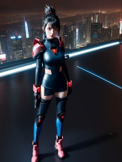 (full body photo:1.9), (a kawaii woman:1.5), (wearing red metal cyberpunk outfit|black|futurist blue+with a blue jewel on her br...