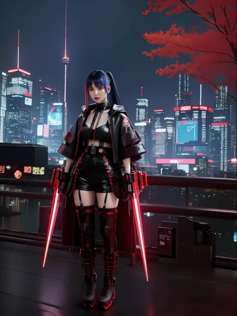 (full body photo:1.7), (a kawaii woman:1.5), (wearing cyberpunk red metal+ultra realistic metal outfit:1.5), (she's in a futuris...