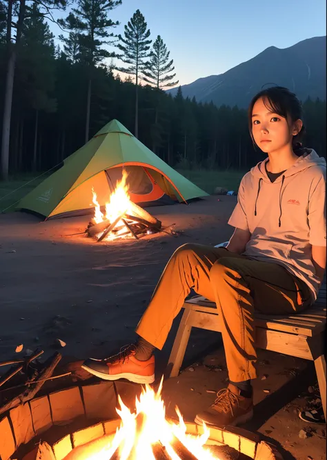 (sfw), a man sitting in front of a campfire with a tent in the background, perfect quality, sharp focus, colorful, perfect anato...