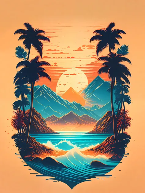 A beach in a summer landscape, T-shirt design, Midjourney, Vector Art, Hydro74