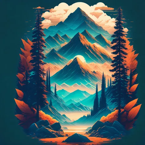 a city in a summer landscape mountains in the background surrounding trees, t-shirt design, midjourney, vector art, hydro74