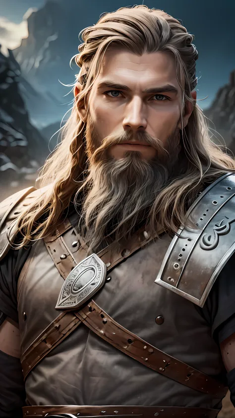 photograph  of a viking warrior with dirt in his face, broad shoulders, armor, heroic, beard, pronounced cheekbones, cloudy, mas...