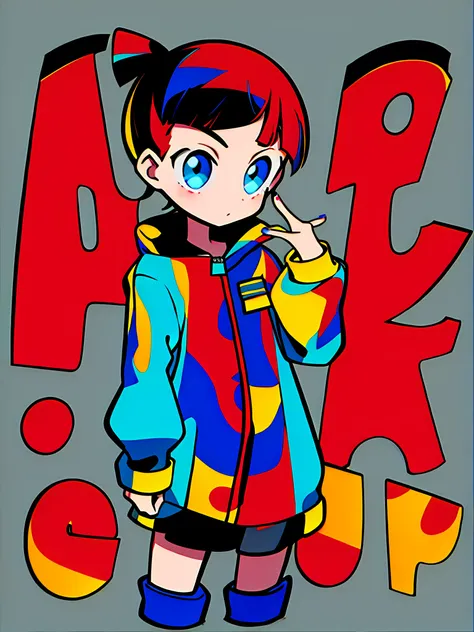 masterpiece, good quality, 1girl, cowboy shot, windbreaker, mini skirt, typography, flat clolor, pop art, cyber, simple backgrou...