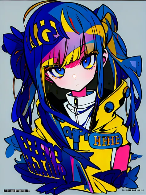 masterpiece, good quality, typography, 1girl, upper body, raincoat, flat clolor, (pop art, cyber:0.5), simple background, (disto...