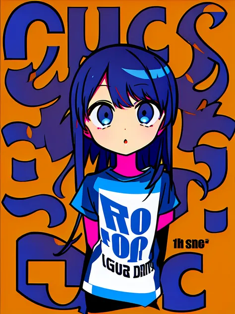 masterpiece, good quality, typography, 1girl, upper body, t-shirt, flat clolor, (pop art, cyber:0.5), simple background, (distor...