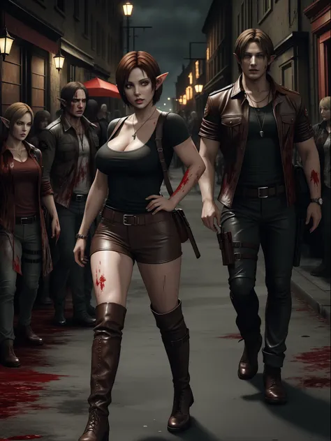 (resident evil 4+bloody:1.5), (full-body photo:1.67), (an elf woman and several zombies in the background:1.5), (she has giganti...