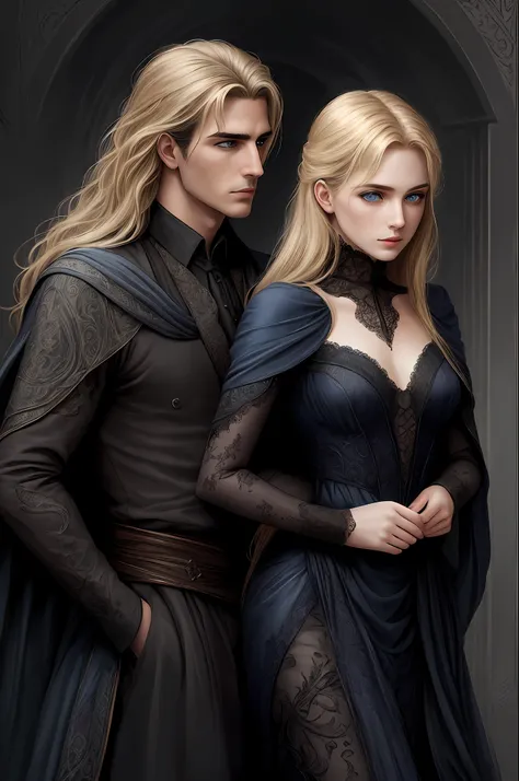 create an [comic book luis royo art style] couple of a dark-haired man (henri cavil) and a blond girl with [detailed linework], ...