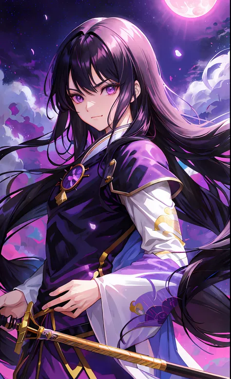 anime character with long hair and purple eyes in front of a full moon, beautiful girl, black - haired mage, anime portrait of a...