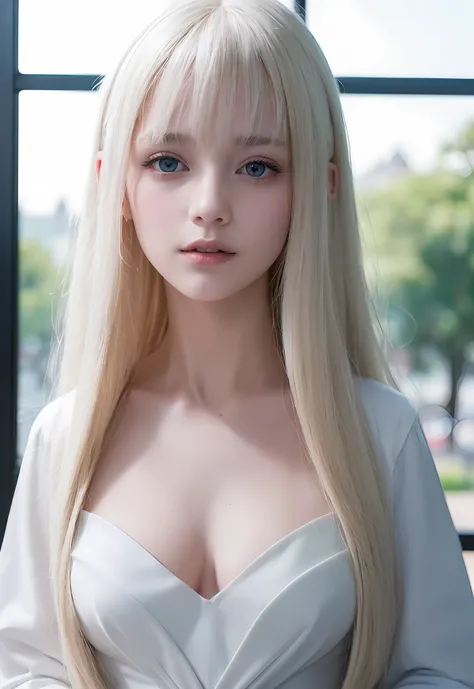 RAW photos, sailor suits, school uniforms, (((portrait of extreme beauty))), (((shining white beautiful skin)), 1 girl, 14-year-old pretty beautiful girl in Prague, ((bright platinum blonde hair with luster)), [attractive whitish light blue eyes], silky fi...