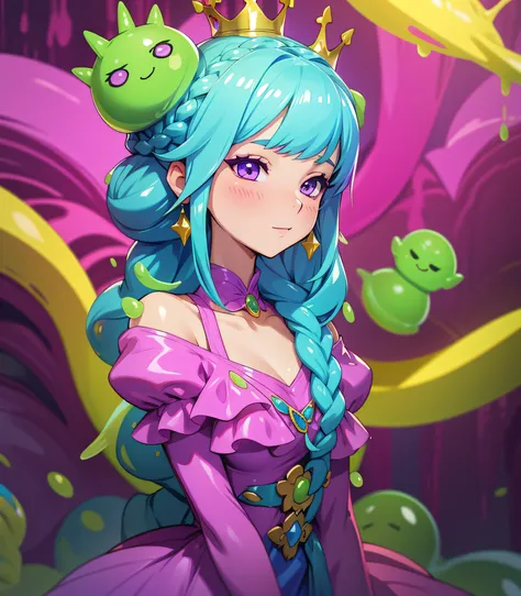 slime girl, (slime), slime hair crown braid hair style, psychedelic purple, crazy style dress, masterpiece, best quality