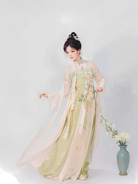 araffe woman in a long dress and a flower vase, hanfu, tang dynasty, wearing ancient chinese clothes, traditional chinese clothing, white hanfu, 中 元 节, with acient chinese clothes, palace , a girl in hanfu, chinese costume, inspired by Tang Di, beautiful r...