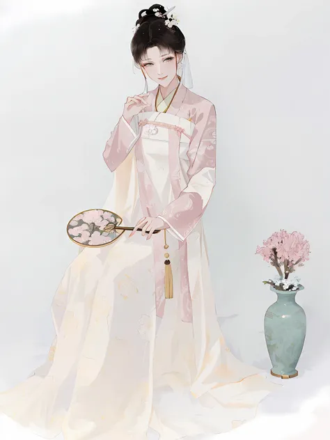 there is a woman in a white dress holding a fan and a vase, white hanfu, hanfu, wearing ancient chinese clothes, with acient chinese clothes, traditional chinese clothing, tang dynasty, palace , a girl in hanfu, chinese costume, classical robes, song dynas...
