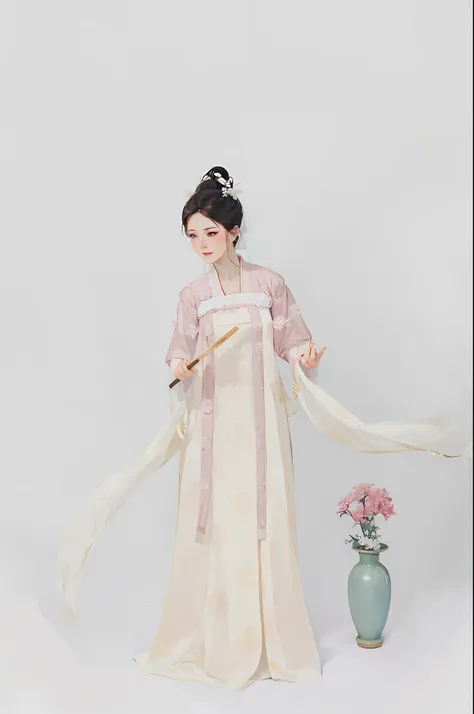 araffe woman in a white dress holding a pink flower, hanfu, white hanfu, tang dynasty, with acient chinese clothes, wearing ancient chinese clothes, traditional chinese clothing, chinese costume, palace , a girl in hanfu, beautiful render of tang dynasty, ...