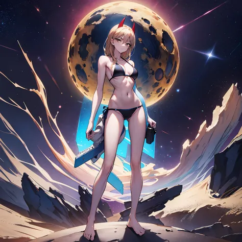 chainsaw_man power_, 8K, 1 girl, full body, slim body, narrow waist, barefoot, bare arms, bare shoulders, standing, model figure, bikini, space background, shaping limbs, skinny, emaciated, thin