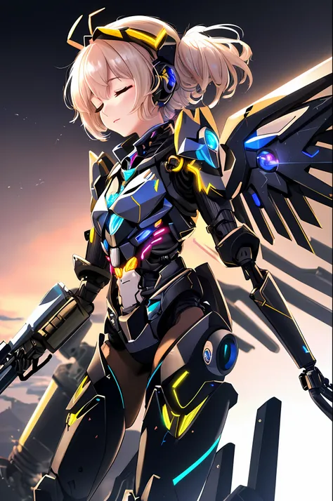 Top quality, masterpiece, masterpiece, highly detailed 8k wallpaper, realistic, beautiful machanical girl, (A mechanical glowing antenna attached to the ear:1.1),(closed eyes:1.1), BREAK, machanical girl,(machine made joints, machanical limbs and finger, e...