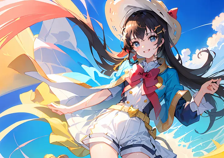 official art,((masterpiece)), (((best quality))), ((ultra-detailed)), ((illustration)),short shorts,sun hat,sky ,smile,hair_betw...