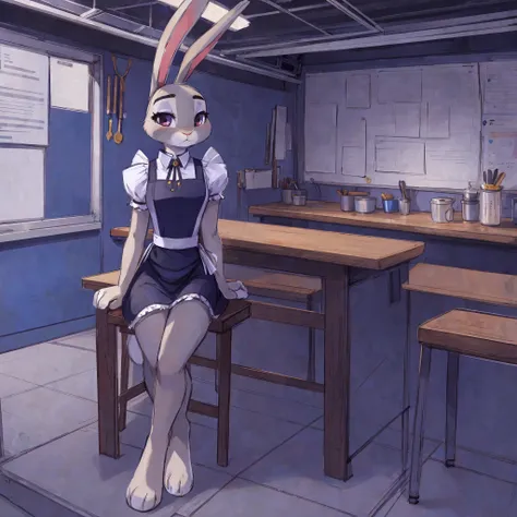 (anthro rabbit girl, rabbit ears:1.2),, (1girl) (sketch) (sitting, workshop background, maid uniform), (((solo))), there is only...