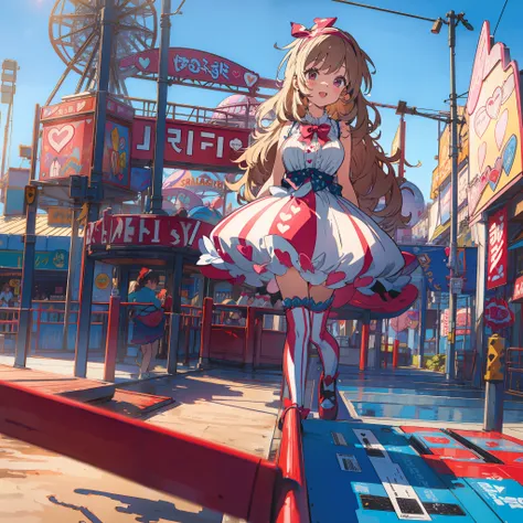 young woman in an amusement park wearing a funny headband she has heart shaped ballons,(masterpiece),(best quality), girl,((ultra-detailed)), (highly detailed illustration)