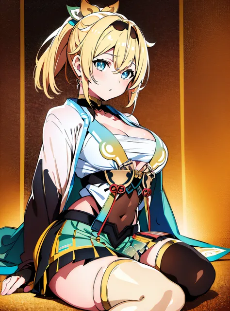 masterpiece, best quality, highres, 1girl, kazama iroha, blonde hair, fingerless gloves, gloves, sarashi, thighhighs, japanese clothes, white thighhighs, skirt, haori, black gloves, hairband, bangs, sandals, sheathed, pleated skirt, ponytail, chest sarashi...