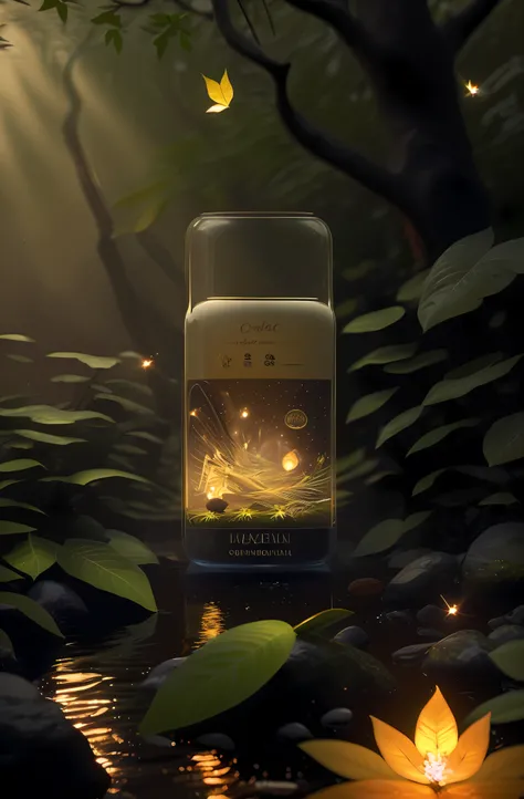 Put the above solid balm picture inside, masterpiece, best quality, (very detailed CG unified 8k wallpaper), (best quality), (best illustration), (best shadow), glowing elf with a glowing deer, drinking water in the pool, natural elements in forest theme. ...
