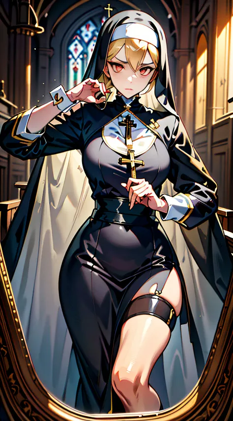 This artwork is presented in 8K resolution, is a masterpiece CG quality, the face is high-definition, the picture is extremely detailed and realistic, the characters are in normal proportions, and the image is that of a nun. The nun tilted her head towards...