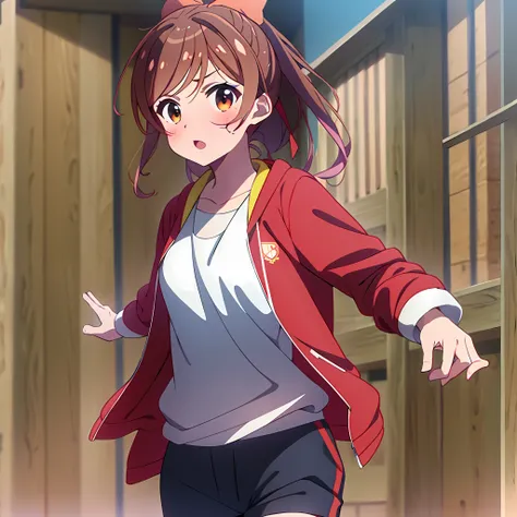 high quality, best quality, masterpiece, absurdres, miyama suzune, sports, 1girl, grassfield, blush,  running, red_jacket