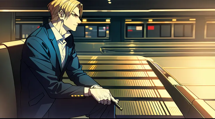 "Dio, wearing a suit and smoking a cigarette, sitting cross-legged, a handsome face in a black and white setting at the train station."