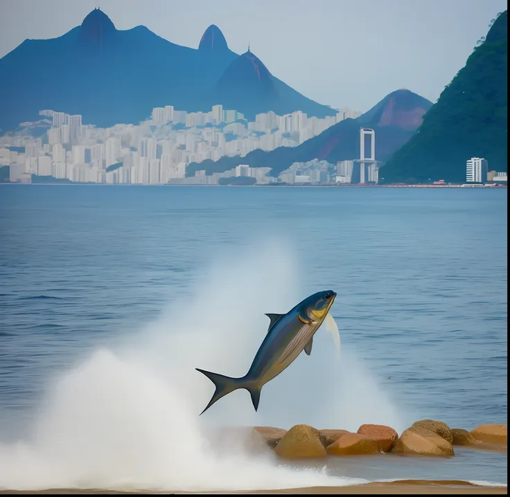 fish jumping in the background, oily (corcovado in rio de janeiro) in the background